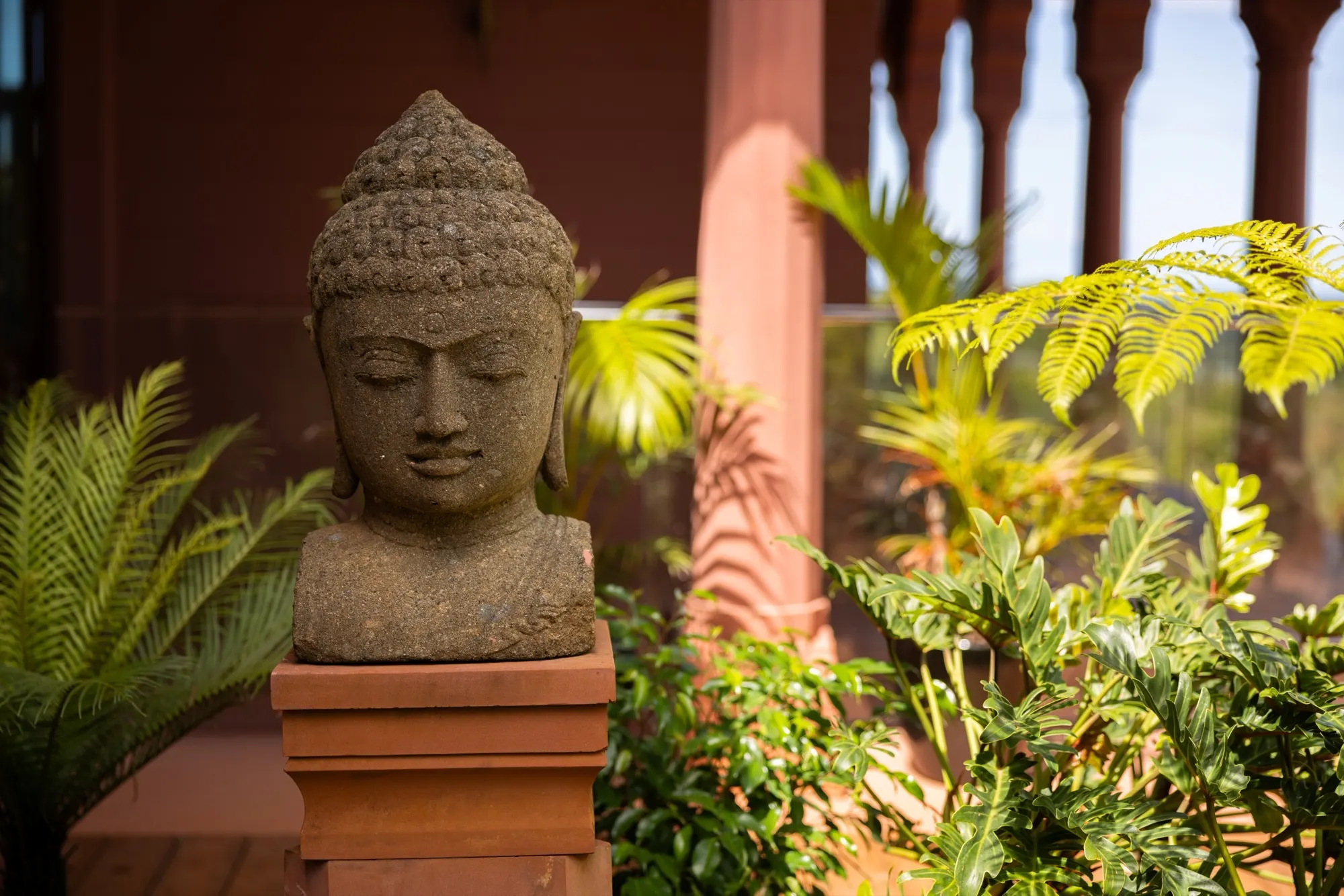 The Jodha Bai Suite, a carved stone bust among ferns and palms in the garden